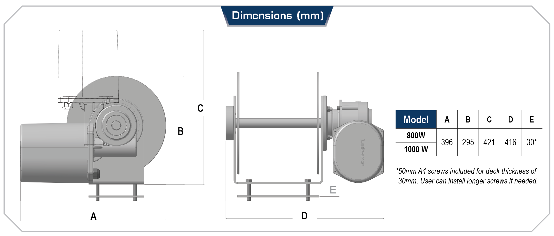 Drucm winch model dimensions diagram